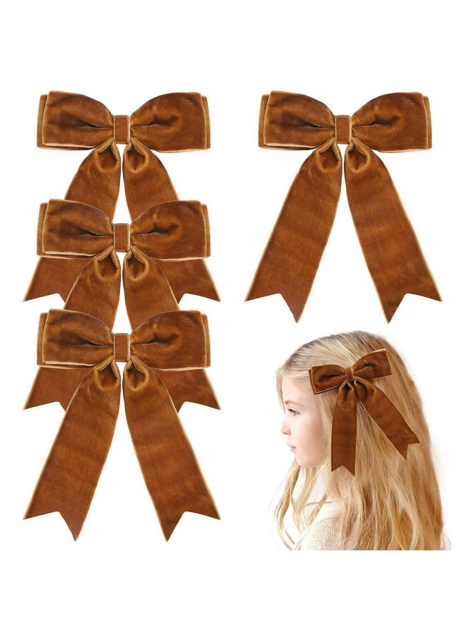NCMAMA 4PCS Velvet Hair Bows for Girls, Khaki Hair Bow Clips Ponytail long Ribbon Bows Hair Accessories for Women Girls Toddlers Infant (Khaki) - Image 1