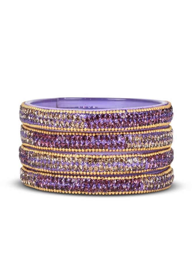 EMERY Exquisite Glass Bangles Set of 4 with 14 Vibrant Colors, Gold Contrast, Zircon Stones - Ideal for Mix & Match Bridal Chuda, Weddings, and Festivals (Purple, 2.4) - Image 2