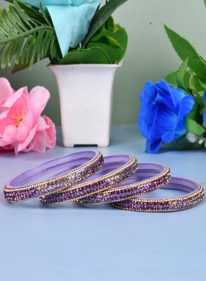 EMERY Exquisite Glass Bangles Set of 4 with 14 Vibrant Colors, Gold Contrast, Zircon Stones - Ideal for Mix & Match Bridal Chuda, Weddings, and Festivals (Purple, 2.4) - Image 5