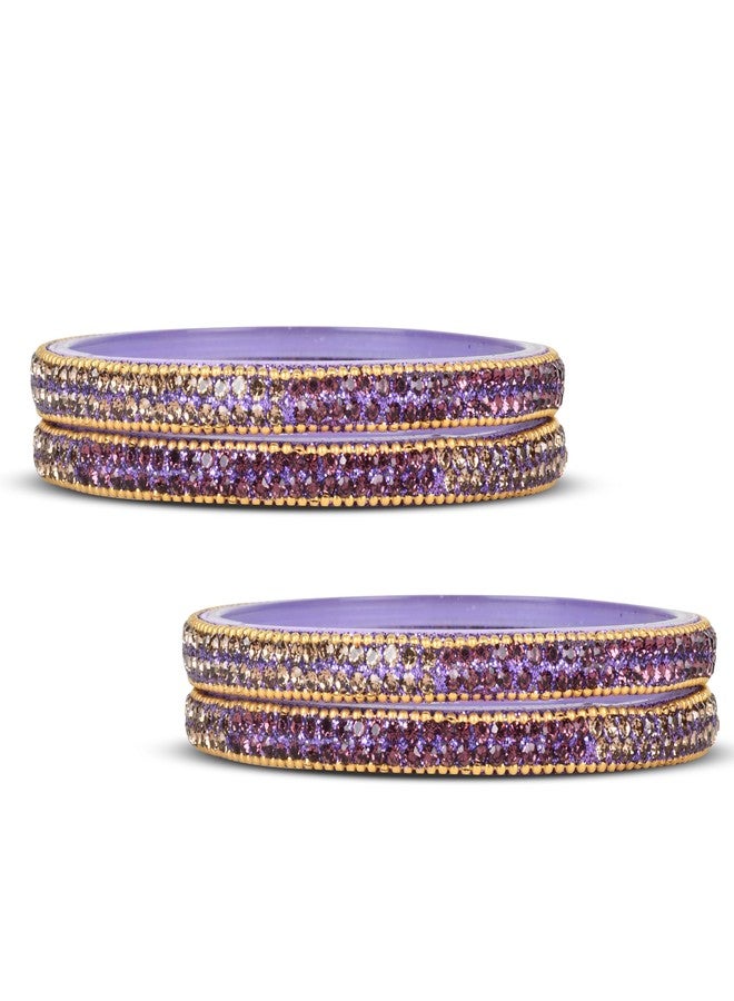 EMERY Exquisite Glass Bangles Set of 4 with 14 Vibrant Colors, Gold Contrast, Zircon Stones - Ideal for Mix & Match Bridal Chuda, Weddings, and Festivals (Purple, 2.4) - Image 3