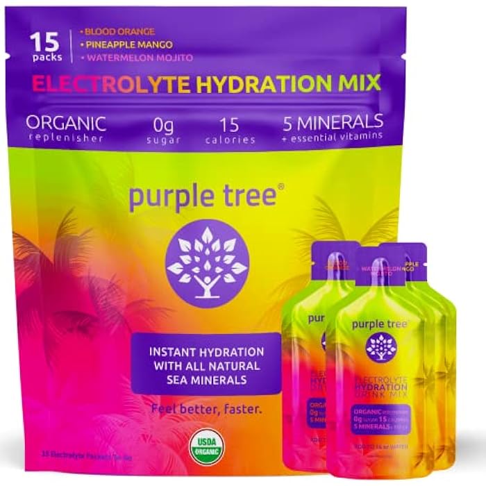 purple tree Organic Electrolyte Hydration Packets, Zero Sugar, Sea Salts, Daily IV Hydrate Packs for Rapid Rehydration Relief - Water Drink Mix, Variety Pack, 15 Units - Image 1