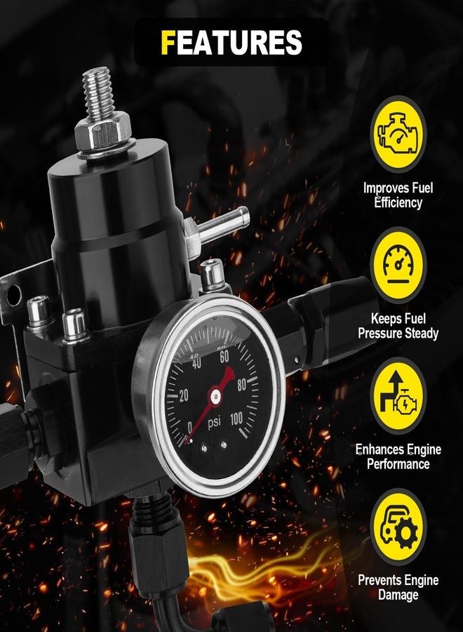 YEHERIT Adjustable EFI Fuel Pressure Regulator Kit with Bypass Return, 0-100 PSI Gauge, 6AN Fittings and PTFE Braided Hose - Compatible with Gasoline, E85, Ethanol & Methanol Fuels - Image 5