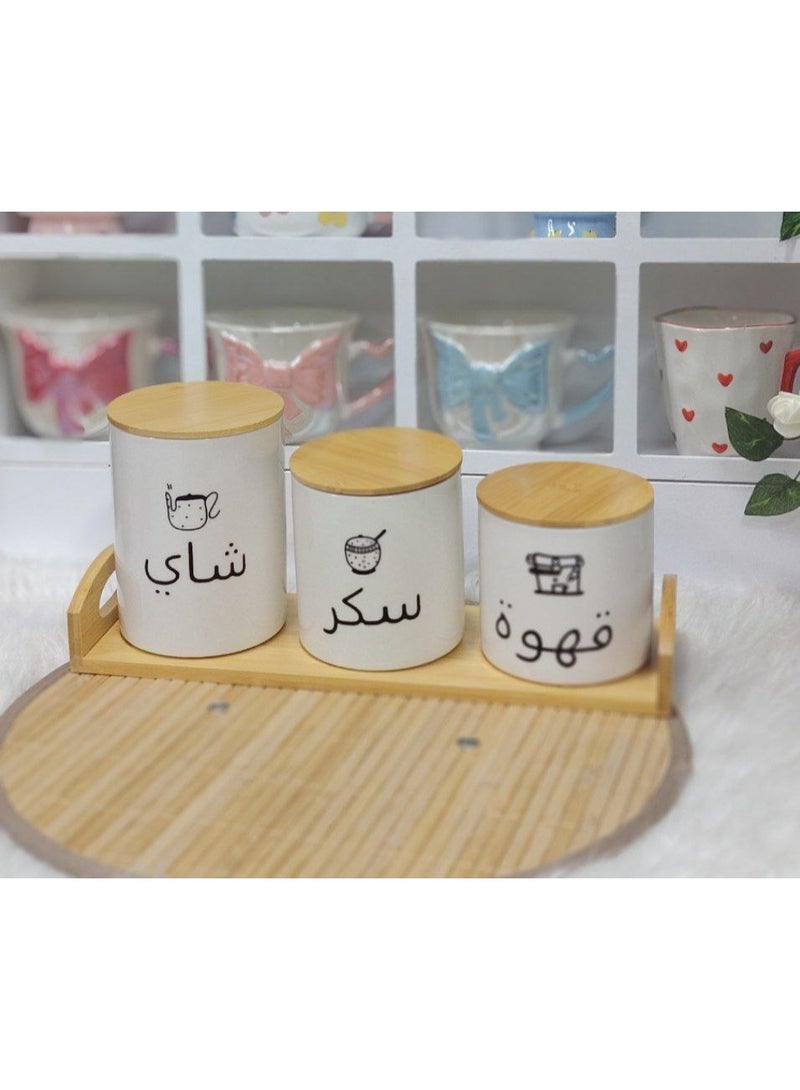 طقم بورسلين 3 قطع + ستاند خشب