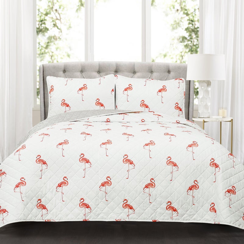 Lush Decor Kelly Flamingo Quilt Reversible 3 Piece Bedding Set with Pillow Shams, Full Queen, Coral and White - Image 1