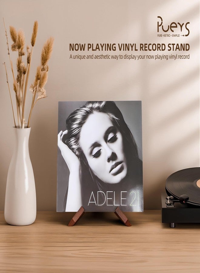 PUERSI Now Playing Vinyl Record Stand, Wooden Display Vinyl Holder Stand, Retro Now Spinning Record Accessories - Rustic Brown - Image 2
