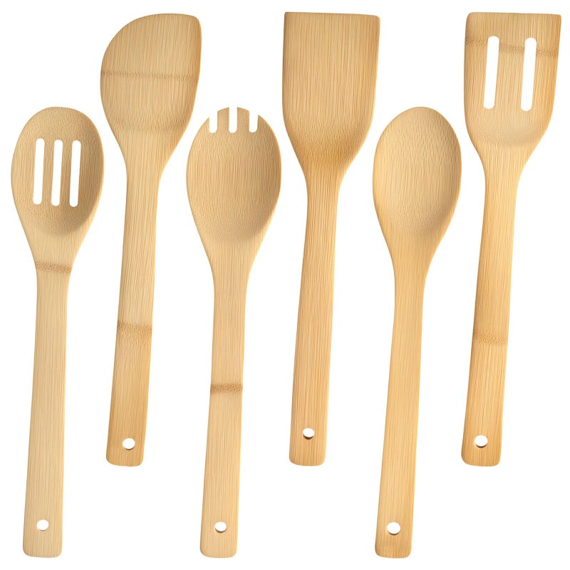 HANSGO Bamboo Wooden Spoons for Cooking 6Piece Nonstick Bamboo Kitchen Utensils Set Wood Spatulas Spoons for Daily Use Housewarming Gifts