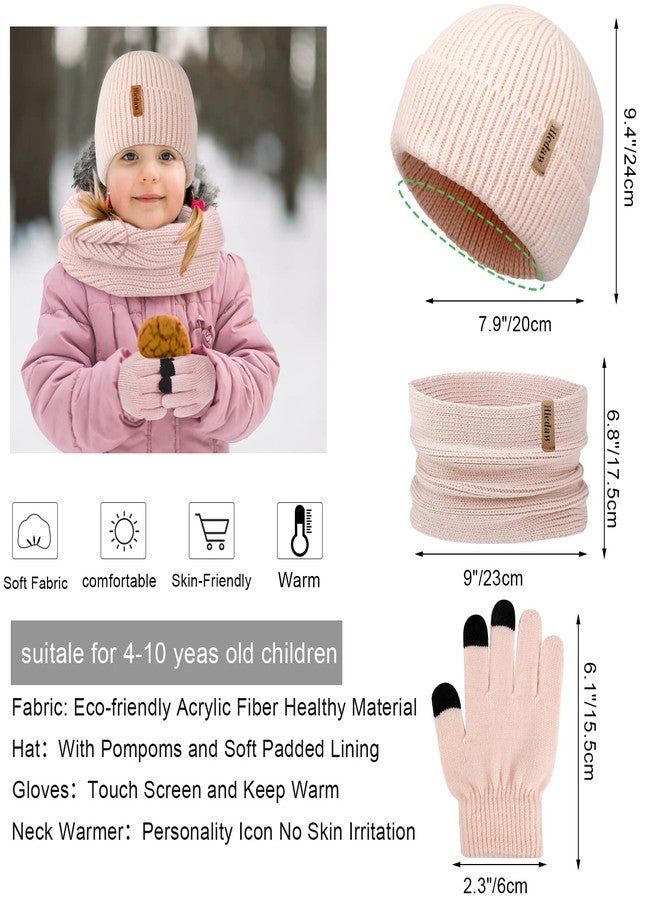 Hicdaw 3PCS Kids Winter Hat Glove Scarf Sets, Toddler Gloves Neck Warmer Baby Winter Hat Toddler Gloves Scarf Set for Boys Girls, Light Pink - Image 2