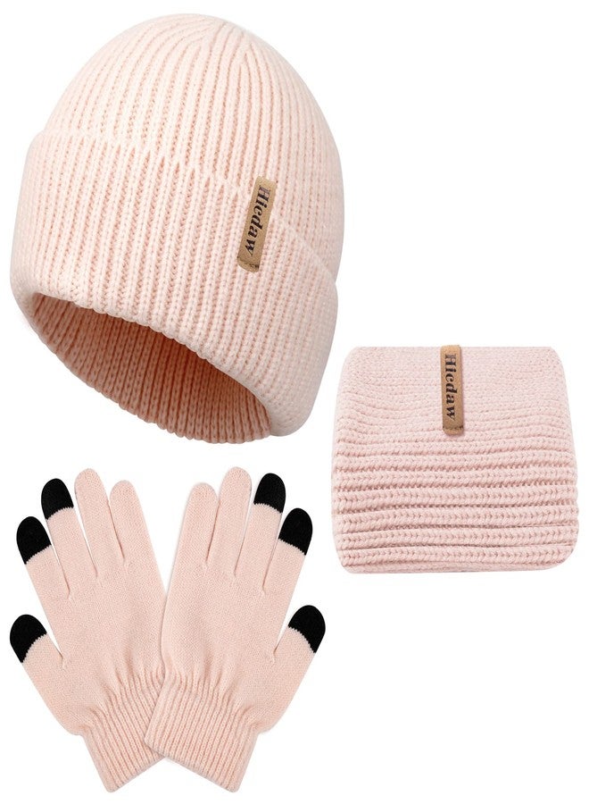 Hicdaw 3PCS Kids Winter Hat Glove Scarf Sets, Toddler Gloves Neck Warmer Baby Winter Hat Toddler Gloves Scarf Set for Boys Girls, Light Pink - Image 1