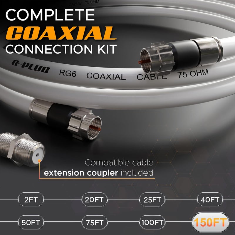G-PLUG 150FT RG6 Coaxial Cable Connectors Set- High-Speed Internet, Broadband and Digital TV Aerial, Satellite Sky Cable Extension- Weather-Sealed Double Rubber O-Ring and Compression Connectors White - Image 2