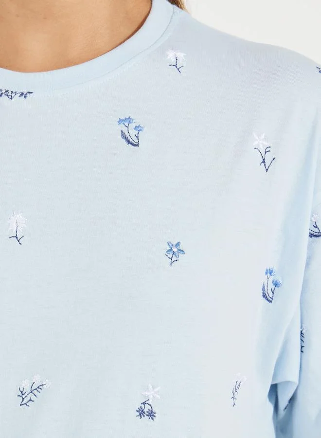 Styli Oversized All Over Floral Embroidered Front T-Shirt