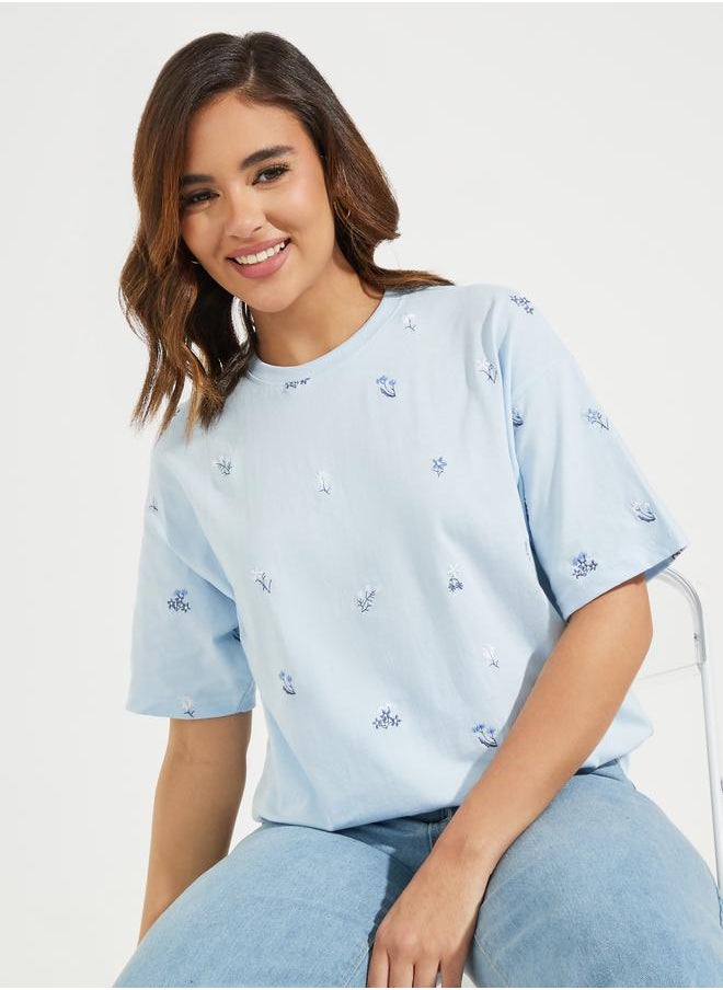 Styli Oversized All Over Floral Embroidered Front T-Shirt  - Image 1