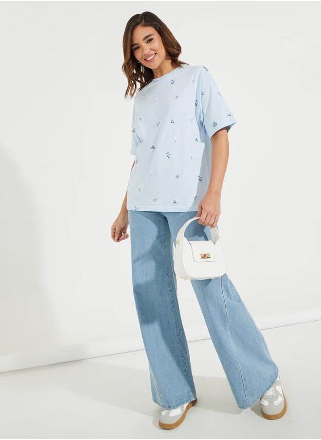 Styli Oversized All Over Floral Embroidered Front T-Shirt  - Image 2