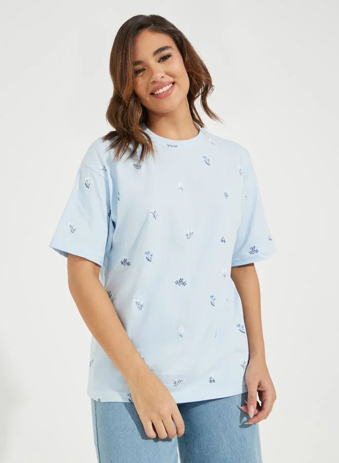 Styli Oversized All Over Floral Embroidered Front T-Shirt