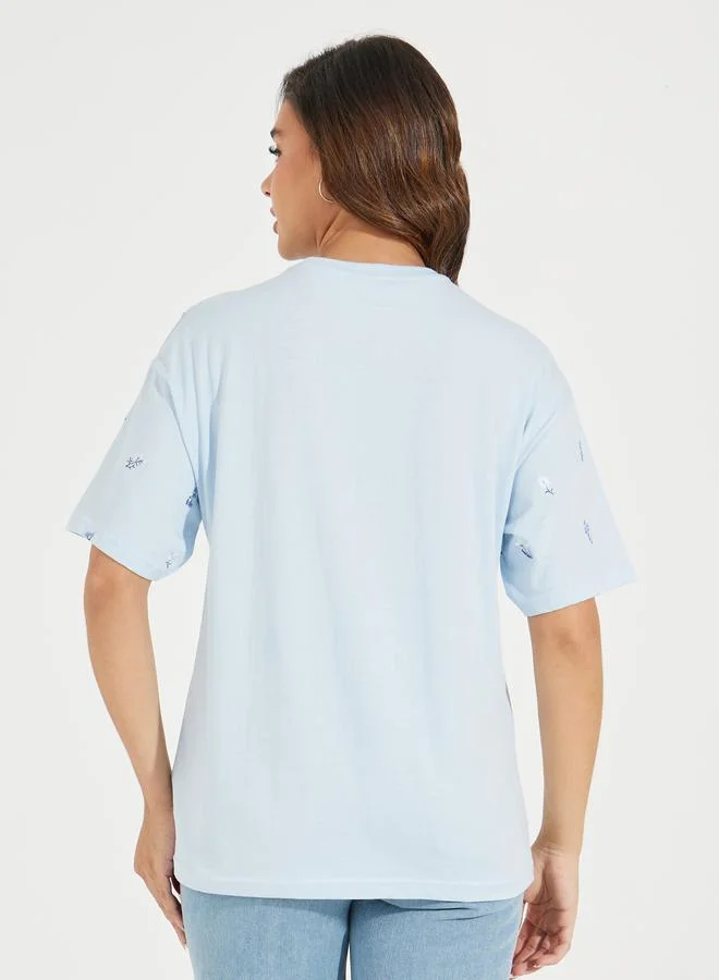 Styli Oversized All Over Floral Embroidered Front T-Shirt