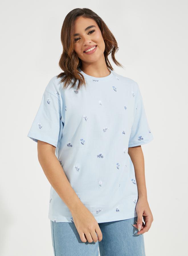 Styli Oversized All Over Floral Embroidered Front T-Shirt - Image 1