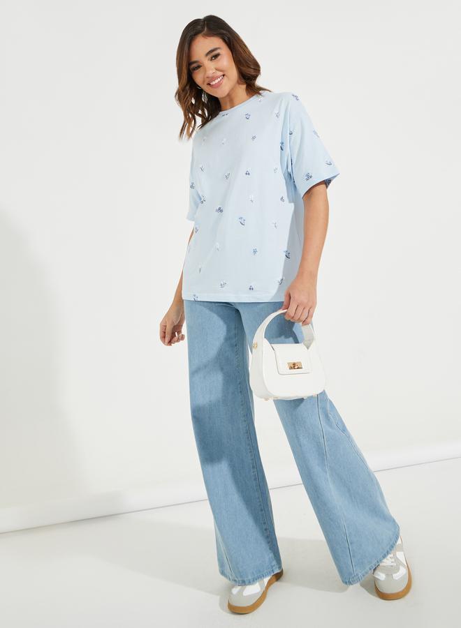 Styli Oversized All Over Floral Embroidered Front T-Shirt - Image 2