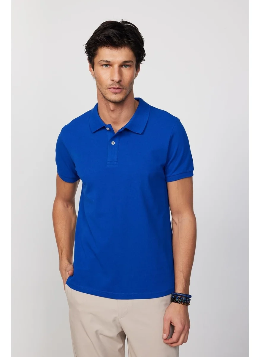 Tudors Men's Slim Fit Slim Cut 100% Cotton Plain Pique Sax Blue Polo Neck T-Shirt