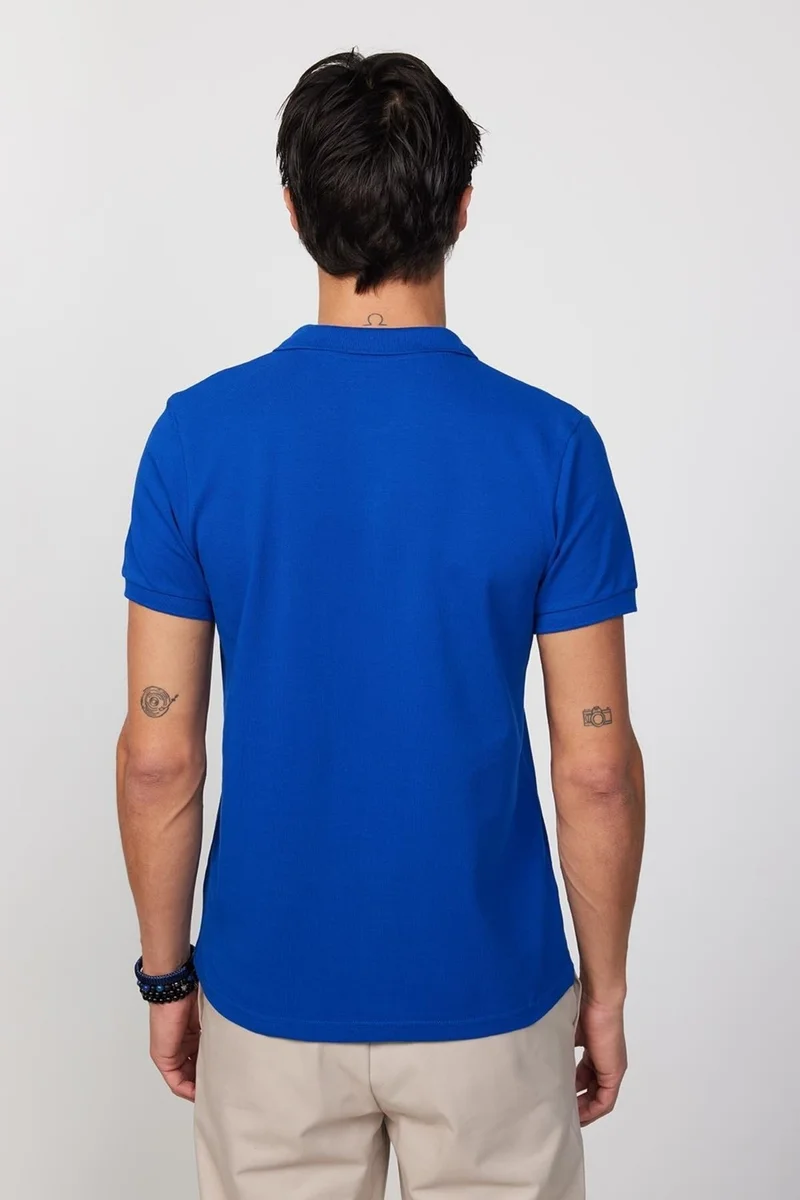 Tudors Men's Slim Fit Slim Cut 100% Cotton Plain Pique Sax Blue Polo Neck T-Shirt