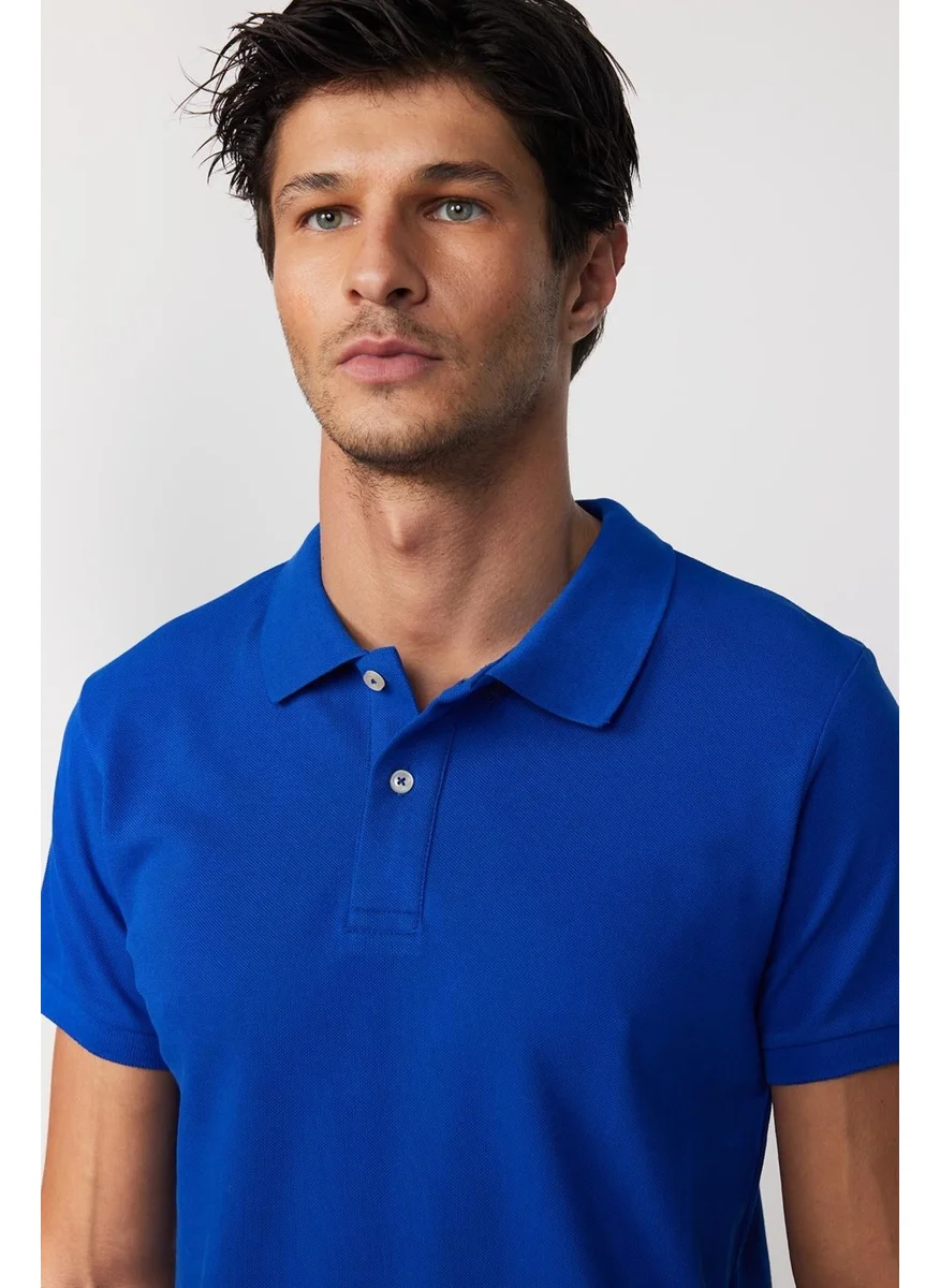 Tudors Men's Slim Fit Slim Cut 100% Cotton Plain Pique Sax Blue Polo Neck T-Shirt