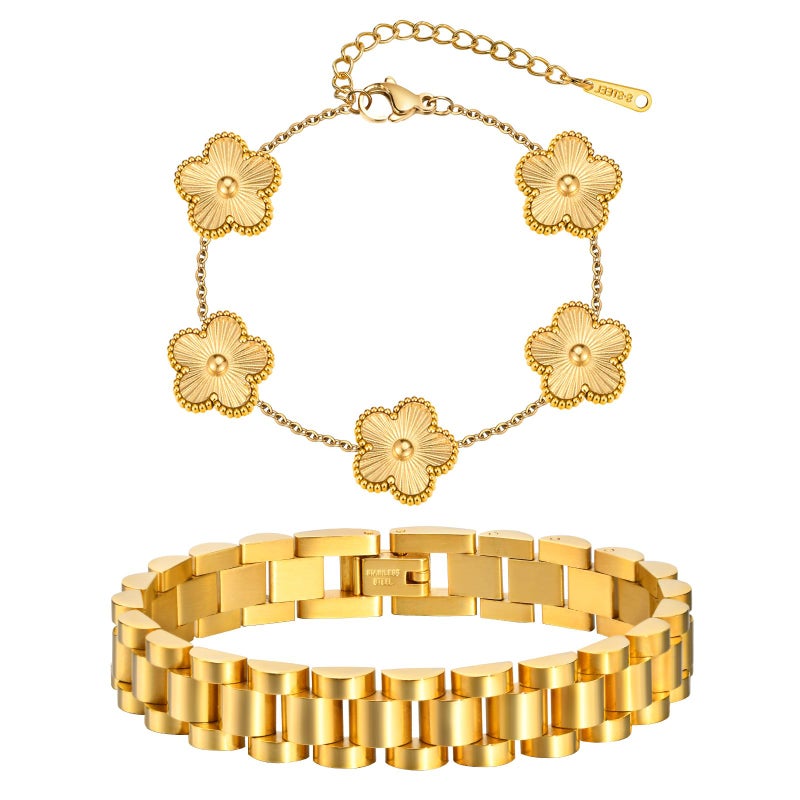 MPRAINBOW Stackable Gold Floral Bracelets Set , 2pcs 18K Gold Plated Bracelet Non-tarnish,Stainless Steel Link Chain Friendship Bracelet,Watch Band Trendy Jewelry,Christmas Valentines Birthday Gifts for Women - Image 1