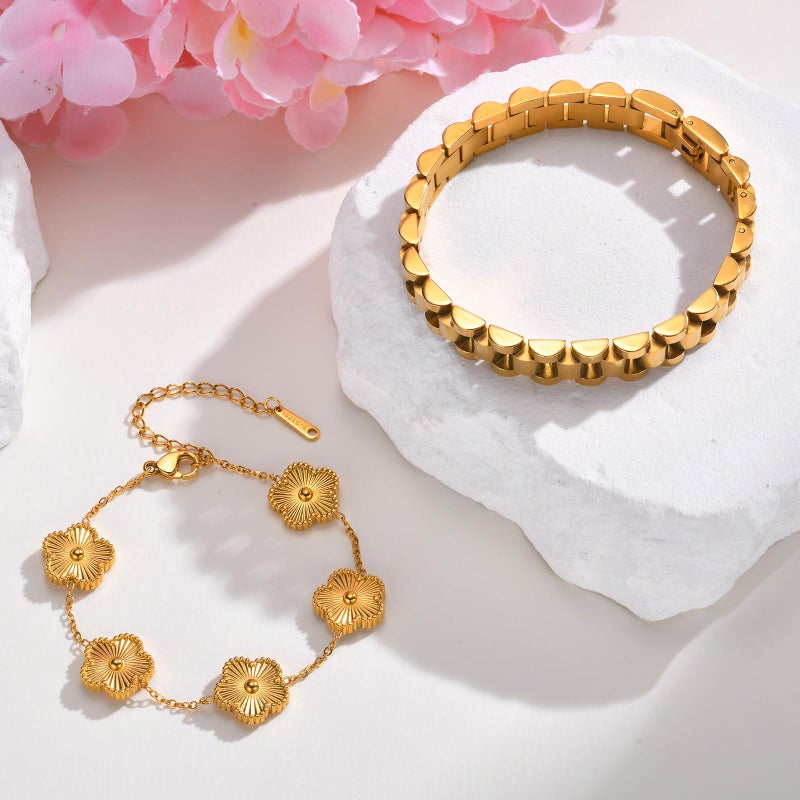 MPRAINBOW Stackable Gold Floral Bracelets Set , 2pcs 18K Gold Plated Bracelet Non-tarnish,Stainless Steel Link Chain Friendship Bracelet,Watch Band Trendy Jewelry,Christmas Valentines Birthday Gifts for Women - Image 5