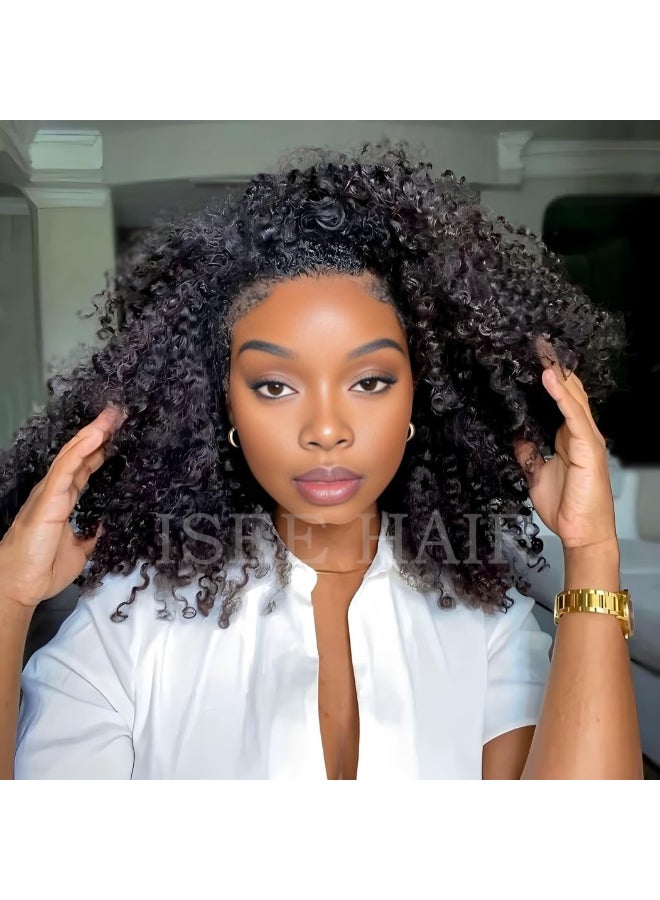 ISEE Half Wig Human Hair Glueless Wigs Upgrade 3 IN 1 Half Wig With Drawstring Seamless Clip Ins Flip Over Kinky Curly Human Hair No Glue No Lace For Women 180 Density 18 Inch - Image 3