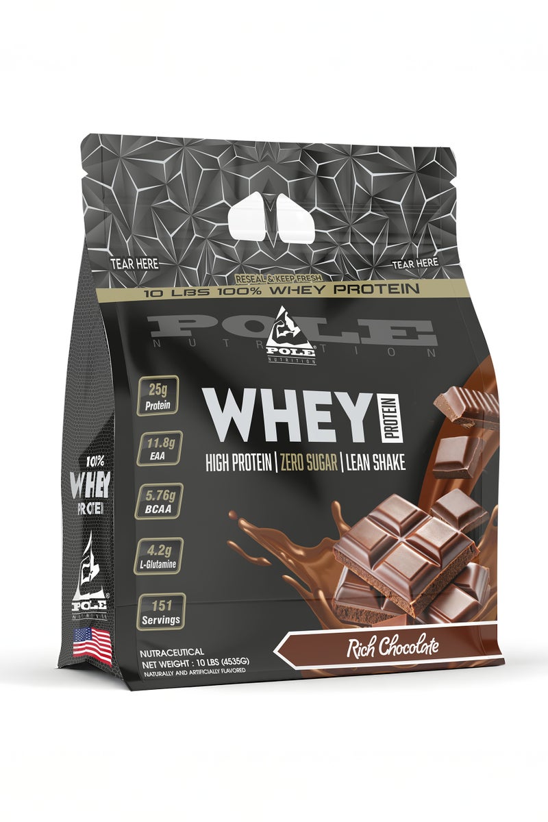 POLE NUTRITION 100% Whey Protein 10 lbs (4.53kg) - High Protein Lean Shake with Zero Sugar (Rich Chocolate) - Image 1