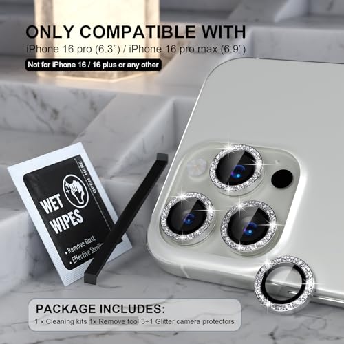 Choiche Compatible for iPhone 16 Pro/iPhone 16 Pro Max Camera Lens Protector Bling, 9H Tempered Glass Camera Cover Screen Protector Metal Ring Decoration Accessories (Glitter-Silver) - Image 2