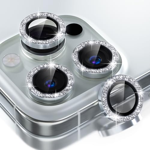 Choiche Compatible for iPhone 16 Pro/iPhone 16 Pro Max Camera Lens Protector Bling, 9H Tempered Glass Camera Cover Screen Protector Metal Ring Decoration Accessories (Glitter-Silver) - Image 1