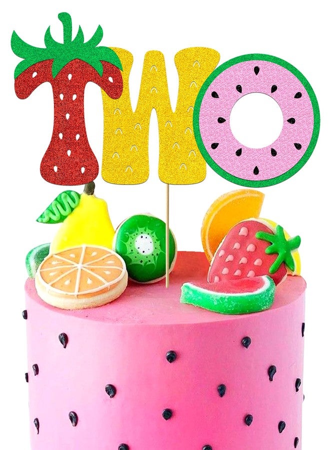 YBW Fruit Two Cake Topper Glitter Gold Fruity Two Cake Decorations for Girls Boys Strawberry Watermelon Pineapple Summer Fruits Happy Birthday Decorations Party Supplies for Baby Shower Kids - Image 1