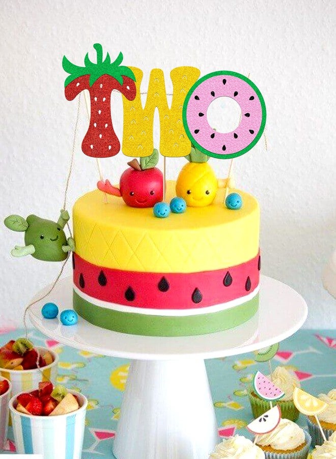 YBW Fruit Two Cake Topper Glitter Gold Fruity Two Cake Decorations for Girls Boys Strawberry Watermelon Pineapple Summer Fruits Happy Birthday Decorations Party Supplies for Baby Shower Kids - Image 2