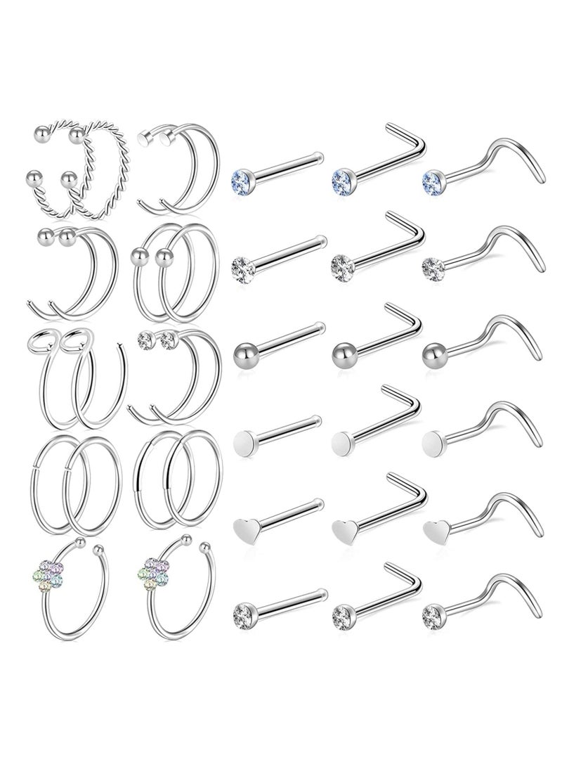 Excefore 36 PCS Nose Rings for Women Studs Hoop 20G Piercings Jewelry Screw Stainless Steel Bone Flat Top Diamond Opal Heart High Nostril Piercing Men(Silver)  - Image 1