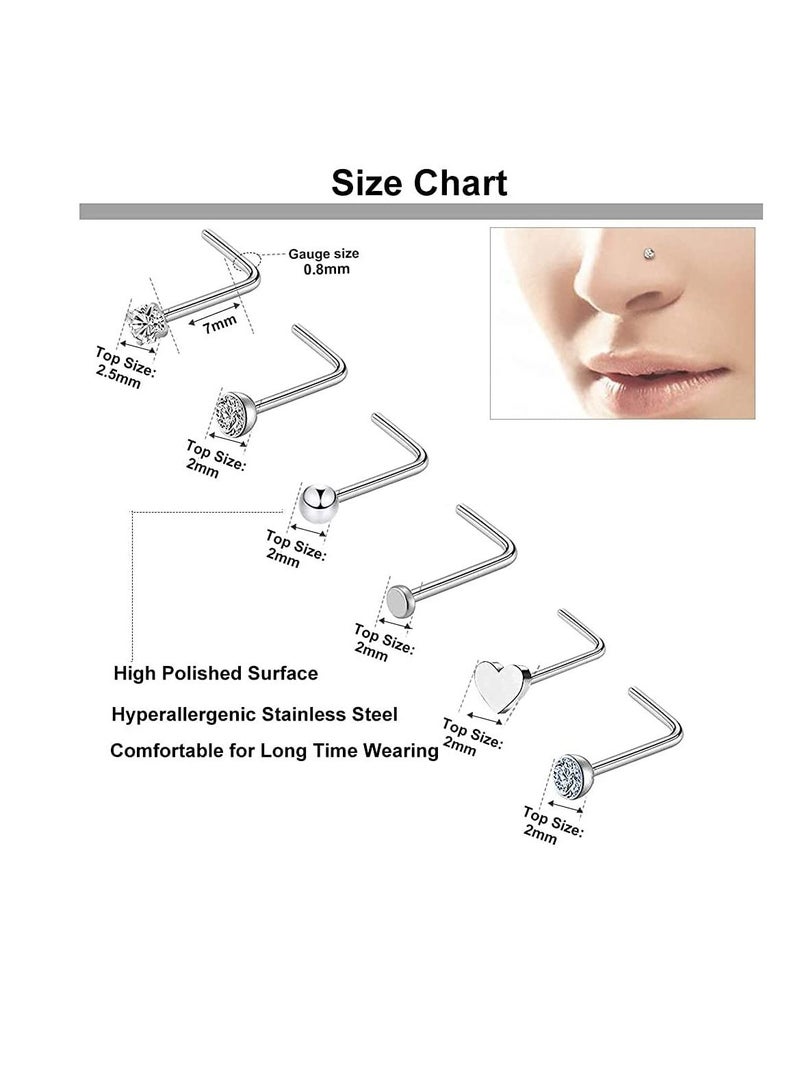 Excefore 36 PCS Nose Rings for Women Studs Hoop 20G Piercings Jewelry Screw Stainless Steel Bone Flat Top Diamond Opal Heart High Nostril Piercing Men(Silver)  - Image 3