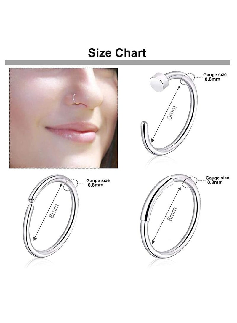 Excefore 36 PCS Nose Rings for Women Studs Hoop 20G Piercings Jewelry Screw Stainless Steel Bone Flat Top Diamond Opal Heart High Nostril Piercing Men(Silver)  - Image 5