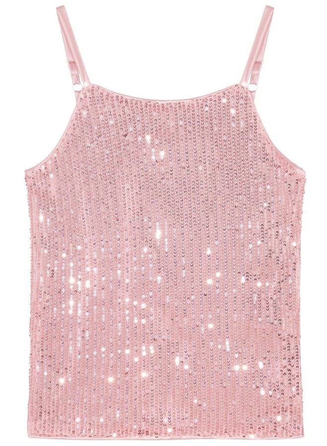 Noomelfish Girls Camisole Sequin Tank Tops Sparkly Glitter Cami Dance Sleeveless Shirt (5-12 Years), Pink, 7-8 Years - Image 1