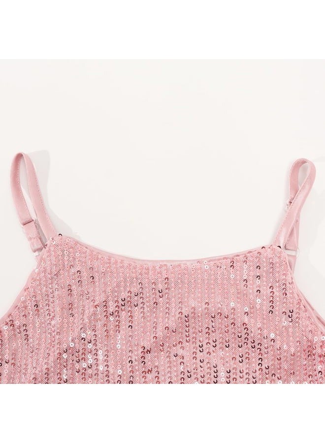 Noomelfish Girls Camisole Sequin Tank Tops Sparkly Glitter Cami Dance Sleeveless Shirt (5-12 Years), Pink, 7-8 Years - Image 3