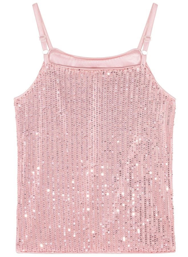 Noomelfish Girls Camisole Sequin Tank Tops Sparkly Glitter Cami Dance Sleeveless Shirt (5-12 Years), Pink, 7-8 Years - Image 2