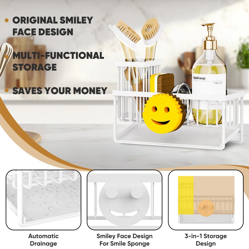 Taugast Sponge Holder for Kitchen Sink,Smiley Face Sink Caddy with Removable Brush Holder,Self-Draining Sponge Caddy for Sponge,Soap,Dish Brush,Scrubber,Kitchen Essentials and Gadgets-White - Image 3