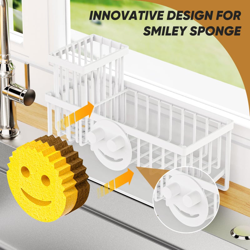 Taugast Sponge Holder for Kitchen Sink,Smiley Face Sink Caddy with Removable Brush Holder,Self-Draining Sponge Caddy for Sponge,Soap,Dish Brush,Scrubber,Kitchen Essentials and Gadgets-White - Image 4