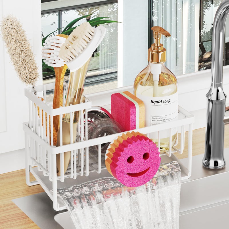 Taugast Sponge Holder for Kitchen Sink,Smiley Face Sink Caddy with Removable Brush Holder,Self-Draining Sponge Caddy for Sponge,Soap,Dish Brush,Scrubber,Kitchen Essentials and Gadgets-White - Image 1