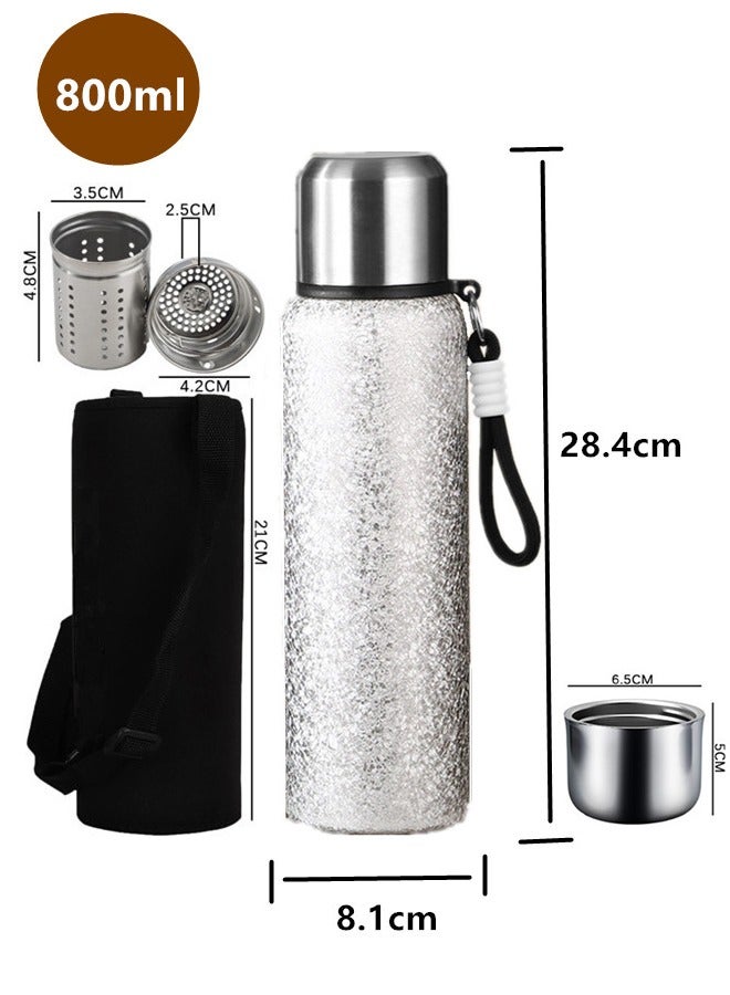 Thermos 800ml with All-steel Cup Lid Advanced,Emergency Insulated Water Bottle,Travel/Sports/Outdoor/Campsites Thermo Bottle Mug Flask, with Cup Sleeve - Handheld - Backpack-Style Cloth Sleeve,Thermos for Coffee and Tea,With Leakproof Lid,Steeping/Coffee and Brewing Functions Teapot Coffee Pot,Insulation and Cooling Performance,Water Bottles,316 Stainless Steel Food-Grade Material Large Capacity Bottle Thermo silver - Image 2