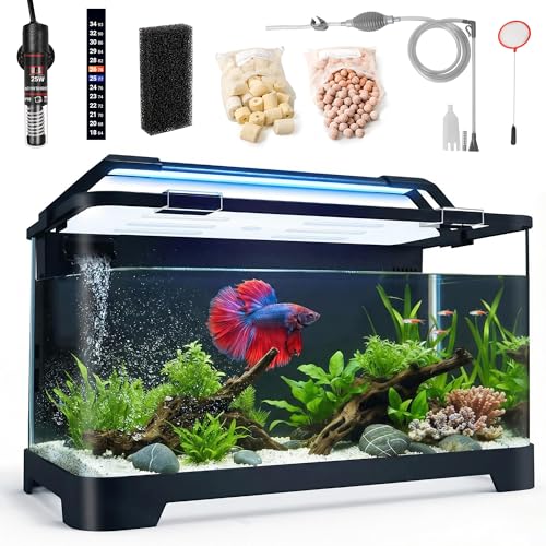 eWonLife 3.5 Gallon Betta Fish Tank, All in One Aquarium Starter Kits with Back Filter, Adjustable Pump, 25W Heater, Thermometer Strip, LED Light with Timer & Water Changer Kit, Nano Fish Tank, AIO Aquarium - Image 1