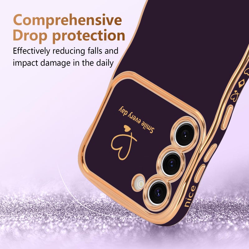 LCHULLE for Samsung Galaxy S23 Case for Women Girls, Cute Wave Frame Curly Shape with Love Heart Raised Camera Protection Cover Luxury Plating Shockproof Phone Case for Galaxy S23 5G, Dark Purple - Image 3