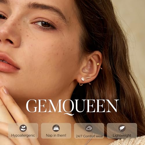 GEMQUEEN 14K Gold Plated Huggie Half Hoop Earrings Cartilage Helix Open Hugging Earrings for Women | 9 Pairs Hypoallergenic 316L Stainless Steel Jewelry Set with 5A CZ Pearl Heart Bar Star Ball Dot - Image 4