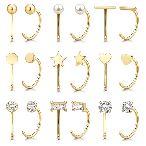GEMQUEEN 14K Gold Plated Huggie Half Hoop Earrings Cartilage Helix Open Hugging Earrings for Women | 9 Pairs Hypoallergenic 316L Stainless Steel Jewelry Set with 5A CZ Pearl Heart Bar Star Ball Dot - Image 1