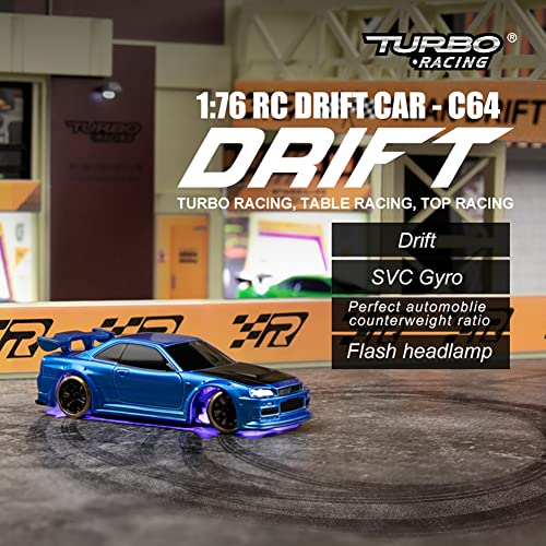 FLYCOLOR Turbo Racing 1:76 Scale Drift RC Car with Gyro Mini Full Proportional RTR 2.4GHZ Remote Control with 2 Replaceable Body Shell (C64-BLUE) - Image 2
