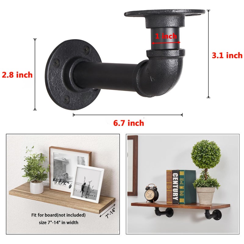 Ycco Industrial L Pipe Shelf Brackets For 7-14 In Depth Wood Heavy-Duty 3/4"" Iron Wall Mount Floating Shelf Bracket L Metal Pipe Shelving Brackets For Wood-Black Diy Pipe Shelves(6.7*3.1 Inch 4 Pack) - Image 2