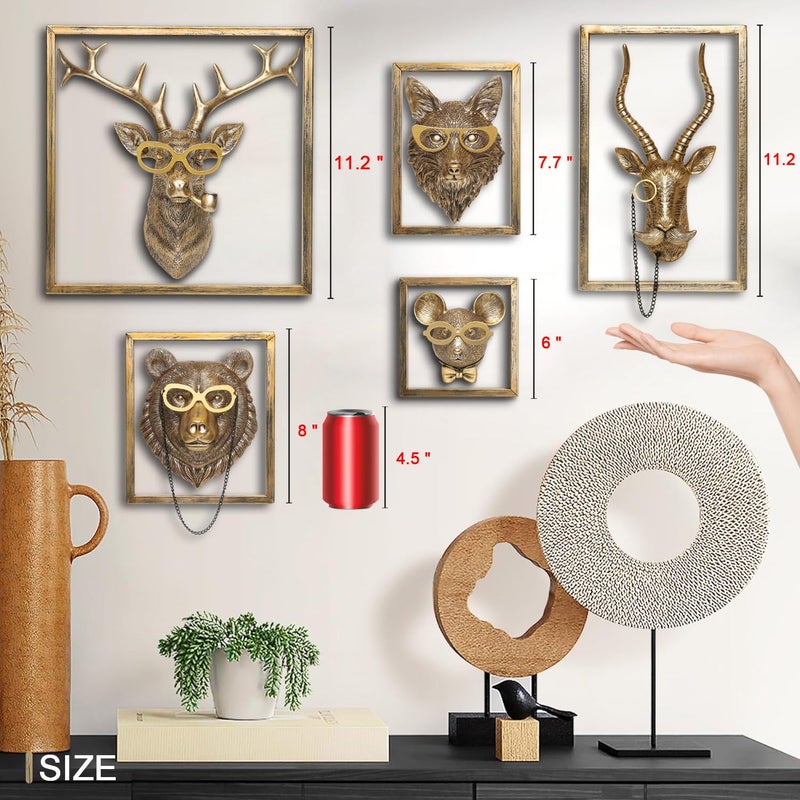 Newinhome Animal Heads Wall Decor (5pcs, Includes Metal Frame) Resin Animals Sculptures Head Wall Hanging Decoration Gold vintage Wall Sculpture for Living Room Bedroom Office - Image 5
