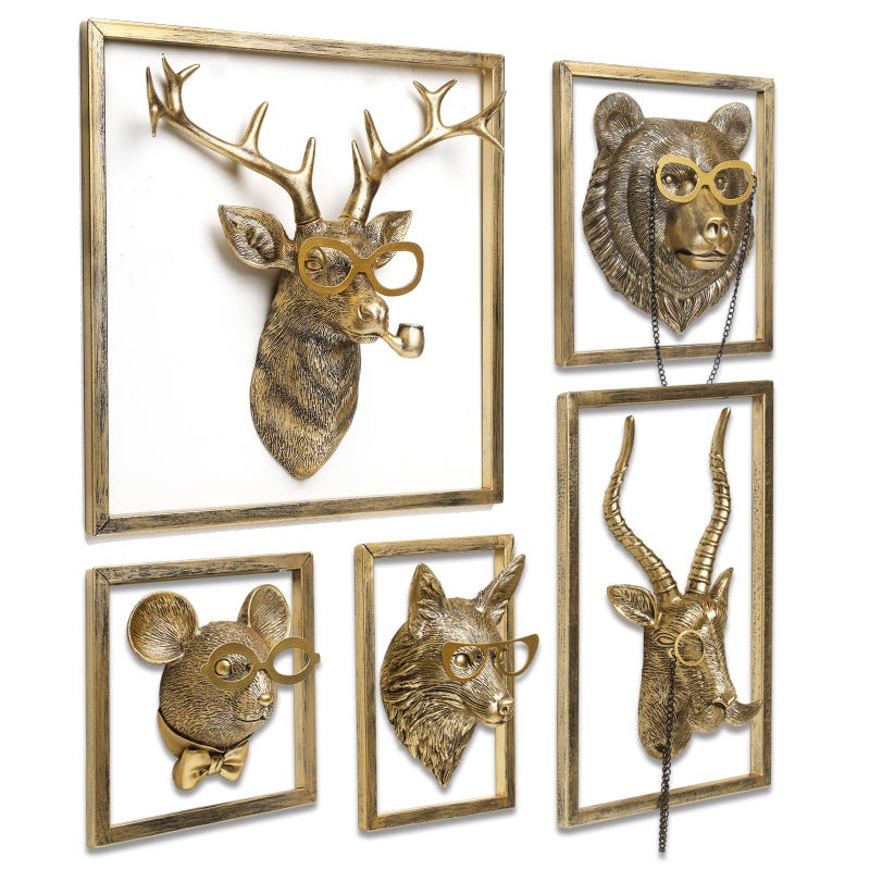 Newinhome Animal Heads Wall Decor (5pcs, Includes Metal Frame) Resin Animals Sculptures Head Wall Hanging Decoration Gold vintage Wall Sculpture for Living Room Bedroom Office - Image 1