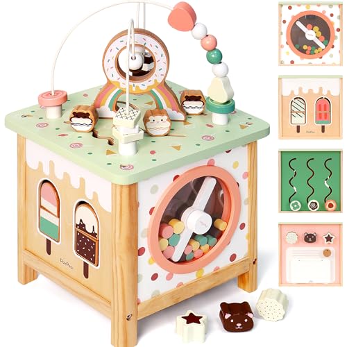 PairPear Wooden Activity Cube Montessori Toys Wooden Play Cube Activity Center Baby Busy Board Multifunctional Early Educational Development Toys Sensory Gifts for Toddlers Girls Boys 1 2 3 Year Old - Image 1